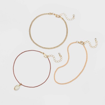 Pearl Drop Beaded Chain Anklet Set 3pc - A New Day™