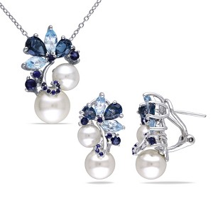 EVERLY JEWELRY | Sterling Silver 5 3/4 CT TGW London and Sky Blue Topaz, Sapphire & Cultured Freshwater Pearl Cluster Earrings and Pendant with chain - 1 of 4