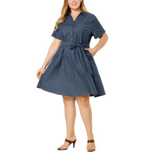 Agnes Orinda Women's Plus Size Buttons Belted Short Sleeves Chambray ...