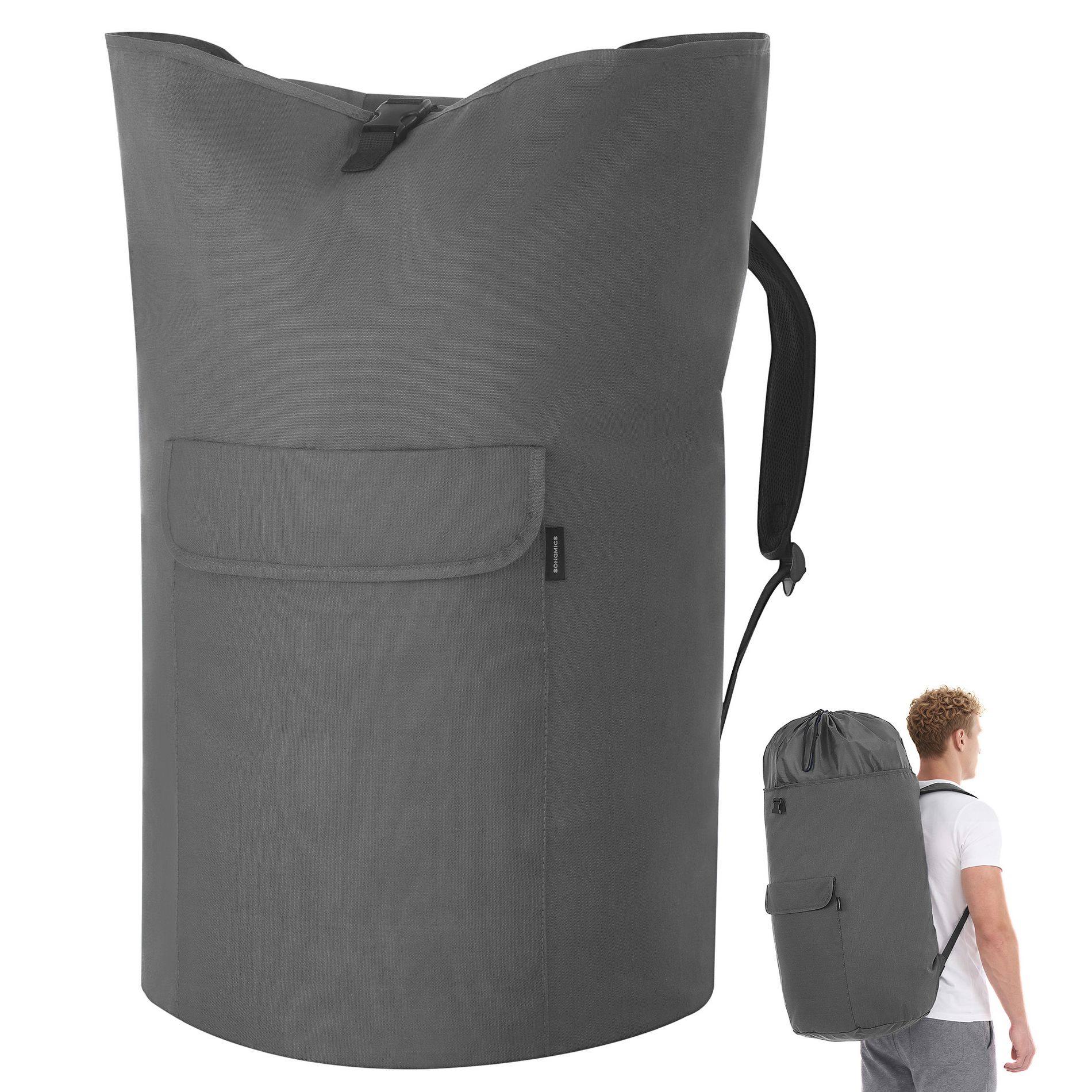 SONGMICS Laundry Bag, 31.7 Gallons (120 L), Heavy-Duty, Large with Extendable Top, Oxford Fabric, Wide Shoulder Straps and Flap Pocket, Slate Gray