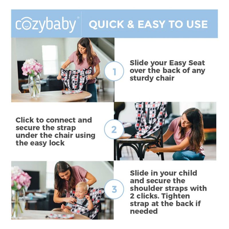 CozyBaby Portable Washable Cloth Travel Easy Seat High Chair w/ 1 Click Setup, Reinforced Harness, and Machine Washable Fabric, Gray Polka Dot, 4 of 7