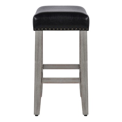 Modern 24" Black Leather Saddle-Style Wood Counter Stool