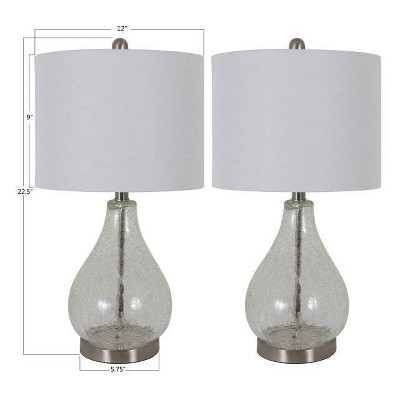 Set of 2 Clear Crackled Glass Teardrop Table Lamps with White Linen Shades