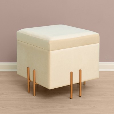 Ivory Velvet Storage Ottoman with Rose Gold Legs