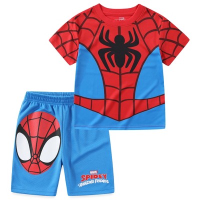 Marvel Spider-Man Miles Morales Avengers Boys 2 Piece T-Shirt and Active Mesh Shorts Set for Toddler and Big Kids
