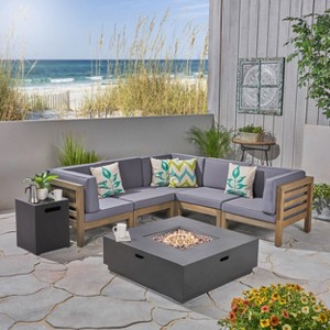 Christopher Knight Home Malawi Outdoor Acacia Wood 5 Seater Sectional Sofa Set with 50,000 BTU Iron Fire Pit - 1 of 4