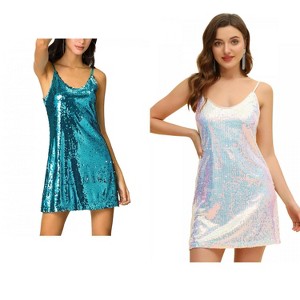 Allegra K Women's Glitter Sequin Spaghetti Strap V Neck Cocktail Sparkly Mini Dress 2 Packs - 1 of 4
