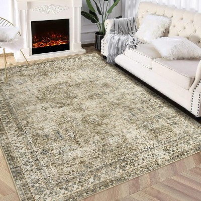 2'x6' Washable Runner Rug, Non-Slip Vintage Floral Low-Pile Carpet for Kitchen, Laundry, Entryway, Brown