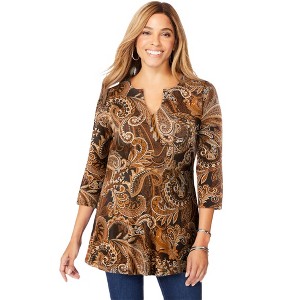 Jessica London Women's Plus Size Stretch Knit Henley Notch Babydoll Tunic - 1 of 4