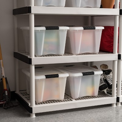 Pearl Off-White Stackable Plastic Storage Bins with Buckled Lids, 32 Quart
