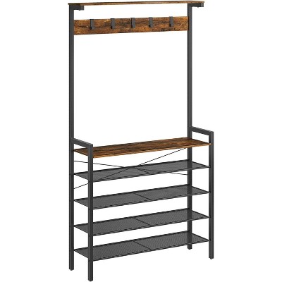 MaseiKar Hall Tree with Bench, Coat Rack with Shoe Storage, Shoe and Coat Rack, 5-Tier Entryway Shoe Storage, 5 Hooks, for 12-16 Pairs, Hallway, Foyer