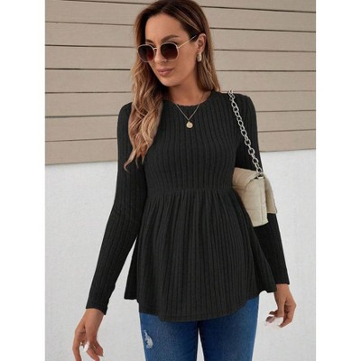 Maternity Tops Round Neck Ribbed Knit Long Sleeve Stretch Tshirt Top