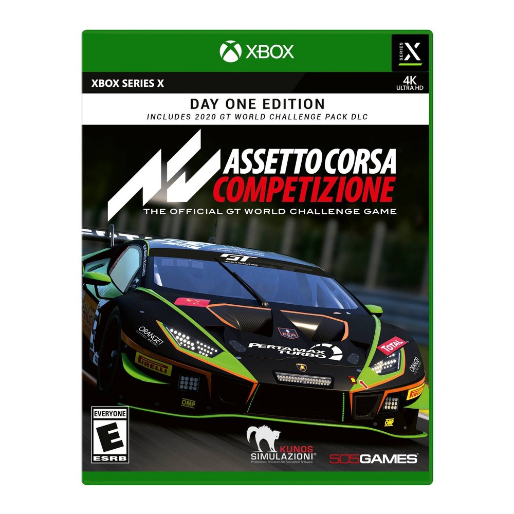 Assetto Corsa Competizione: Day One Edition - Xbox Series X Assetto Corsa Competizione is the new official GT World Challenge videogame. Thanks to the extraordinary quality of simulation, the game will allow you to experience the real atmosphere of the FIA GT3 homologated championship, competing against official drivers, teams, cars and circuits, reproduced in-game with the highest level of accuracy ever achieved. Sprint, Endurance and Spa 24 Hours races will come to life with an incredible level of realism, in both single and multiplayer modes. Assetto Corsa Competizione is born from KUNOS Simulazioni's long-term experience, and it takes full advantage of Unreal Engine 4 to ensure photorealistic weather conditions and graphics, night races, motion capture animations, reaching a new standard in terms of driving realism and immersion, thanks to its further improved tyre and aerodynamic models. Designed to innovate, Assetto Corsa Competizione will set to promote eSports, bringing players at the heart of the GT World Challenge and putting them behind the wheel of Ferraris, Lamorghinis, McLarens and many other prestigious GT racing cars, all reproduced with outstanding level of detail.