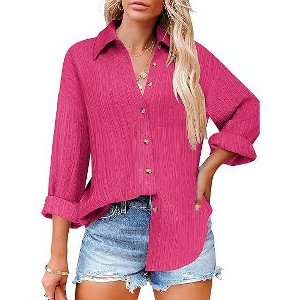 Zeagoo Womens Button Down Shirts Long Sleeve Dress Shirt Textured Collared Work Blouse Dressy Casual Tops with Pocket - 1 of 4