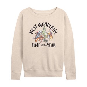 Women's - Winnie the Pooh - Christmas Most Wonderful Time of the Year Lightweight French Terry Wide Neck Long Sleeve Shirt - 1 of 4