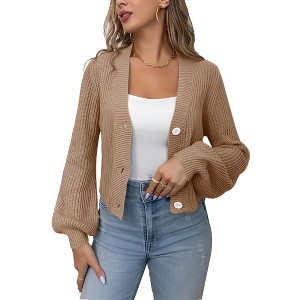 Womens Chunky Sweater Cardigan Front Button Lantern Sleeve Sweater Knit Shrugs,Khaki - 2XL - 1 of 4
