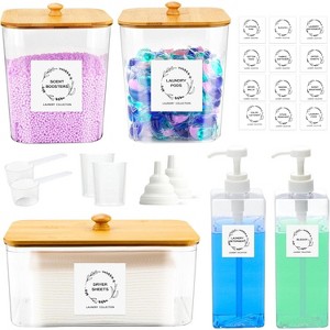 3+2 Pack Laundry Pods Containers, Dryer Sheet Holder and Detergent Dispenser Set with Lids and Labels for Scent Booster, Powder, Pods - 1 of 4