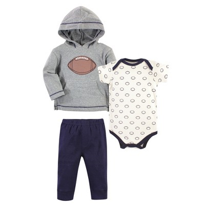 Image of Hudson Baby Infant and Toddler Boy Cotton Hoodie, Bodysuit or Tee Top and Pant Set, Football Baby, 6-9 Months
