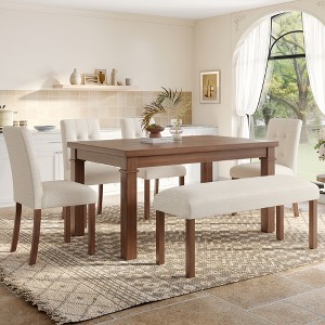 Wood Dining Table Set with Bench for 6, 6 Pieces Rectangle Kitchen Set with 4 Upholstered Chairs for Dining Room - 1 of 4