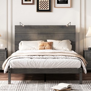 Full/Queen Size Farmhouse Wooden Platform Bed with 2 Bedside Lights - ModernLuxe - 1 of 4