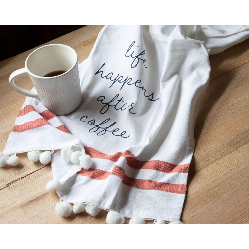 "After Coffee" 27 x 18 Inch Screen Printed Kitchen Tea Towel with Hand Sewn Pom Poms - Foreside Home & Garden, 5 of 6