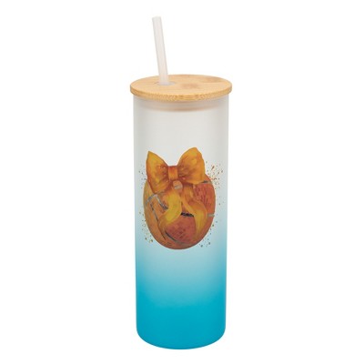 Elanze Designs 25 Ounce Frosted Glass Gradient Travel Tumbler With Straw and Wooden Lid, Basketball With Orange Bow Sky Blue