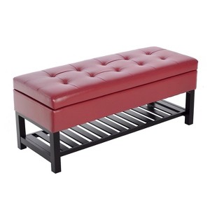 Aghana Digitals 44" Black Faux Leather Tufted Storage Ottoman Bench with Slatted Shoe Rack & Padded - 1 of 4