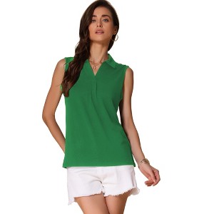 INSPIRE CHIC Women's Summer Sleeveless V Neck Turndown Collar Polo Casual Blouse - 1 of 4