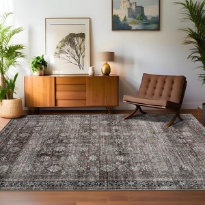 Washable Area Rugs Non-Slip Vintage Rugs for Living Room, Low Pile Stain-Resistant Distressed Oriental Carpet, Foldable Floral Print Floor Covering - 1 of 4