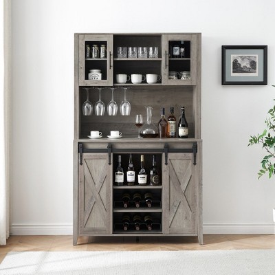 Garvee Coffee Bar Wine Cabinet with Sliding Barn Doors, 70" Tall Farmhouse Kitchen Hutch with Wine & Glasses Rack, for Kitchen, Dining Room