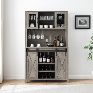 Garvee Coffee Bar Wine Cabinet with Sliding Barn Doors, 70" Tall Farmhouse Kitchen Hutch with Wine & Glasses Rack, for Kitchen, Dining Room - 1 of 4