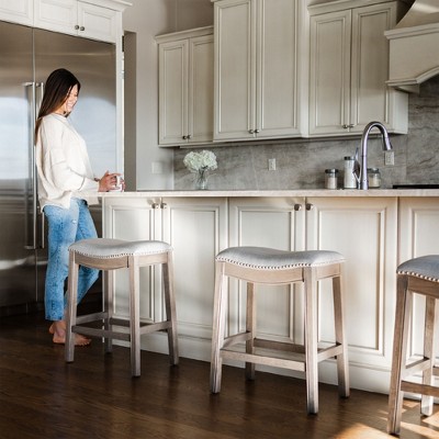 Adrien Gray Upholstered Backless Saddle Wood Counter Stools, Set of 2
