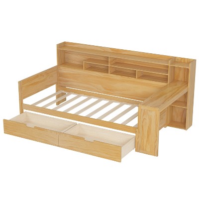 TIRAMISUBEST 91.3in Twin/ Full Daybed with Guardrails Kids Bed Trundle Desk Storage Shelves Wood Platform Bed Multifunctional Bedroom