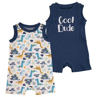 Image of Chick Pea Baby Boy Romper Newborn Essentials Summer Tanktop 2 PC Set Dinosaur Dino Blue 6-9M - Dino Blue