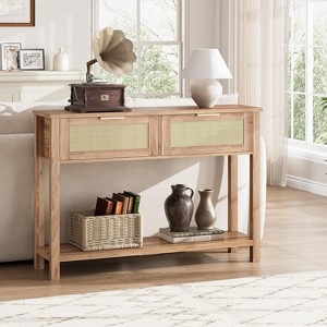 43'' Rattan Console Sofa Table, 2 Drawer Entryway Table with Synthetic Rattan Surface, Open Shelf, Behind Couch Entry Foyer Hallway Storage - 1 of 4