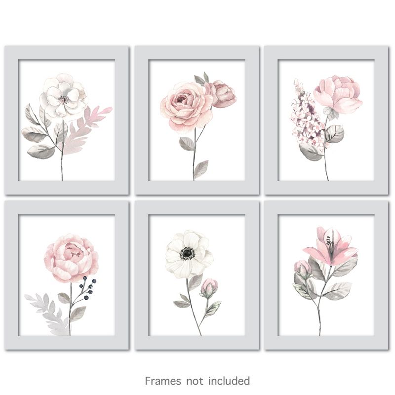 Lambs & Ivy Watercolor Floral Unframed Nursery Child Wall Art 6pc - Pink/Gray, 5 of 8
