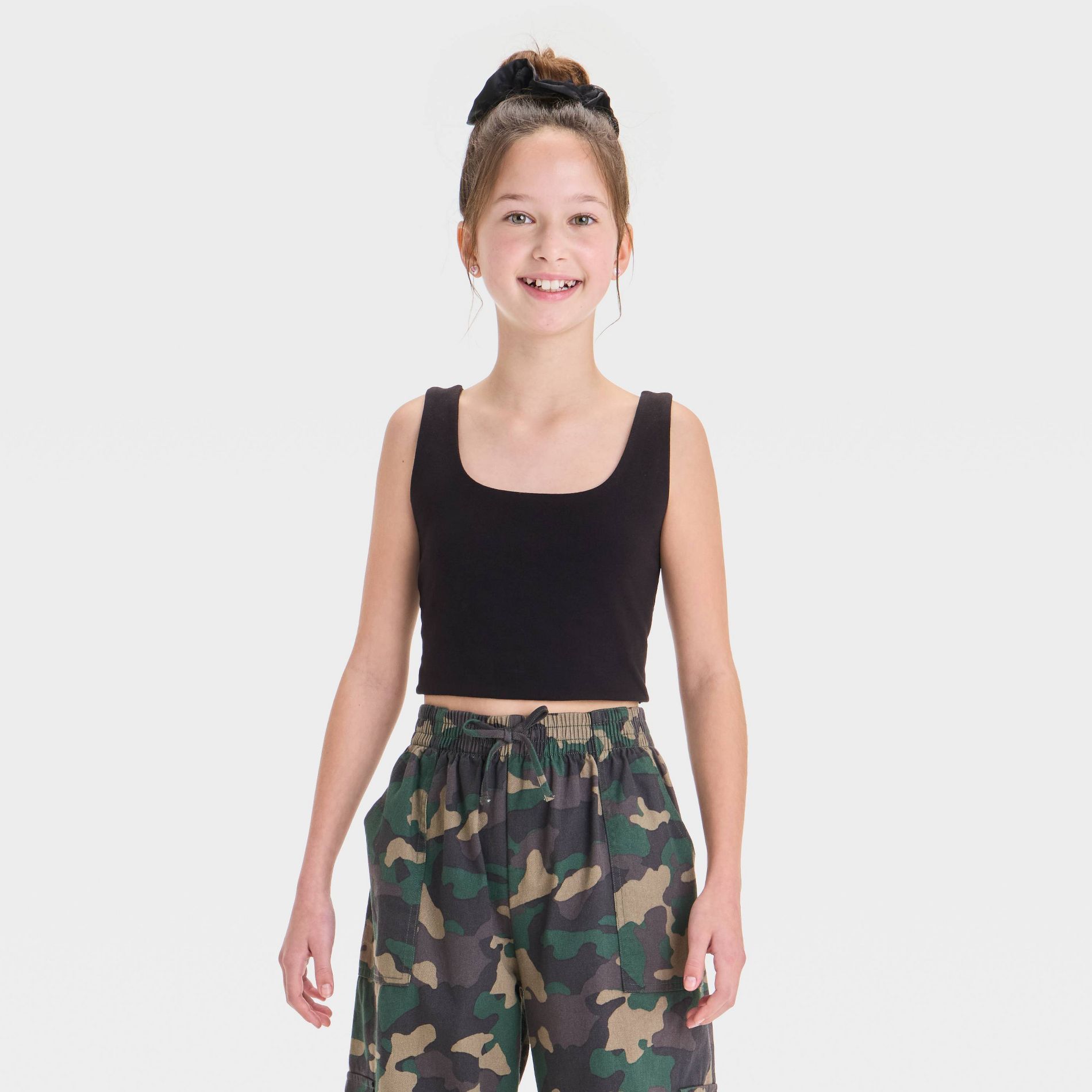 Girls' Square Neck Tank Top - art class™ Black XL: Cotton Blend, Recycled Polyester, Spandex, Slim Fit, Sleeveless, Pullover