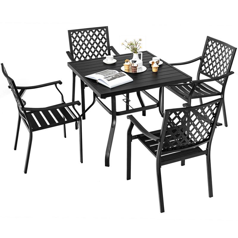 Tangkula 5PCS Patio Dining Set Stackable Chairs & Table Set W/ Umbrella Hole, 1 of 8