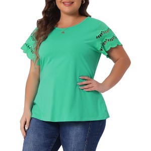 Agnes Orinda Women's Plus Size Round Neck Hollow Lace Panel Short Sleeve Casual Summer Blouses - 1 of 4