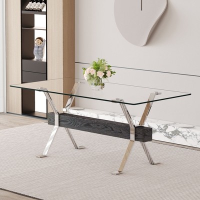 NicBex Dining Table 71" Modern Rectangular Glass Tabletop with Metal Legs and MDF Crossbars for Dining Room