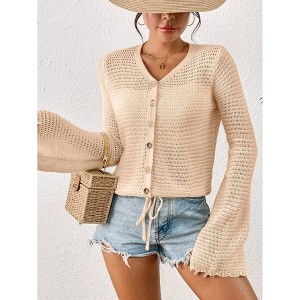 Women's Summer Crochet Lightweight Cardigan Button Down Hollow Out Long Sleeve Bolero Shrug Cardigan - 1 of 4