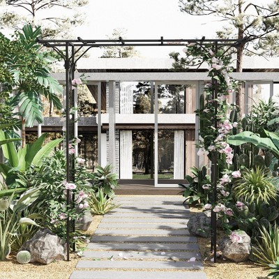 Elegant Black Metal Garden Trellis Arch with Scrollwork