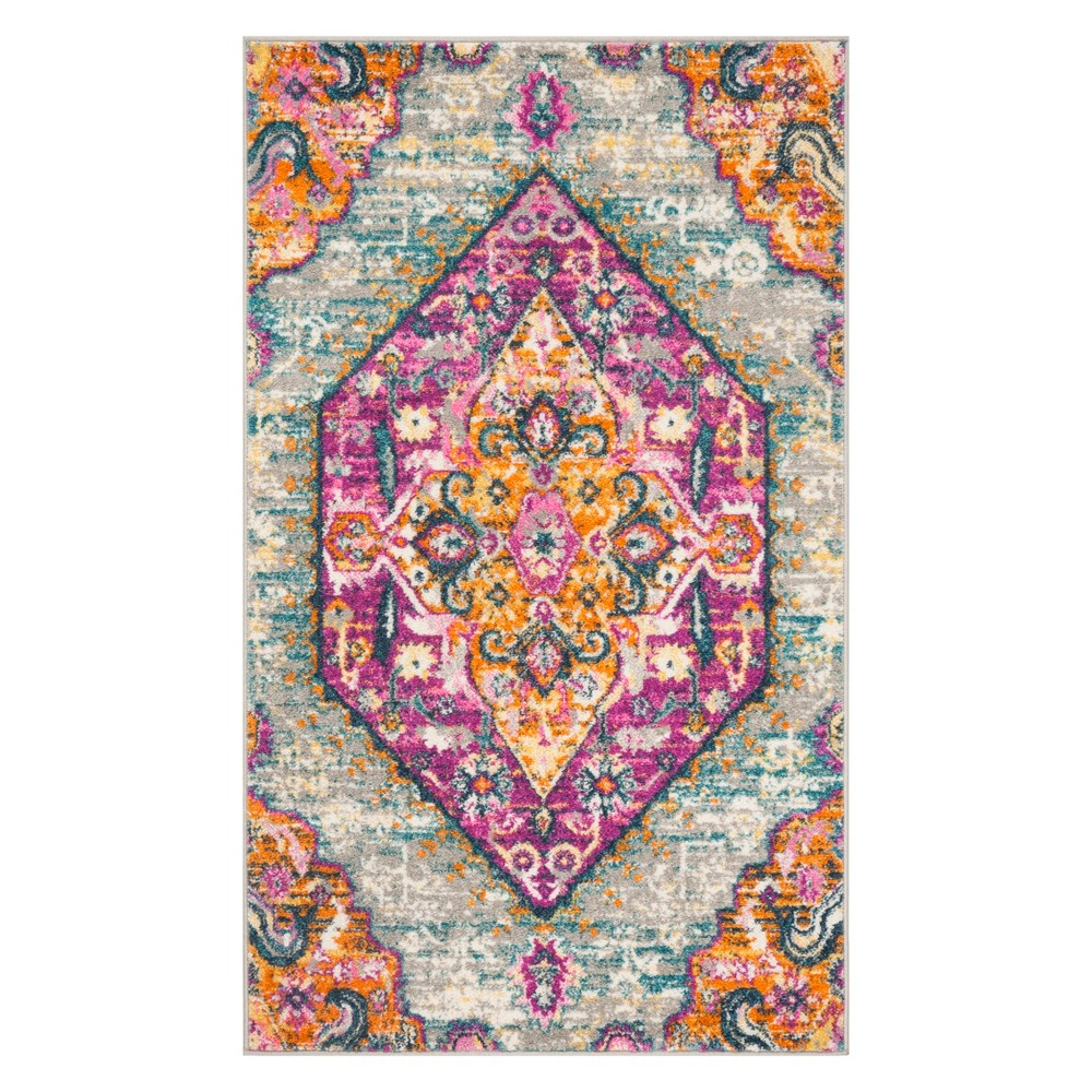  Medallion Loomed Accent Rug Light Gray/Fuchsia