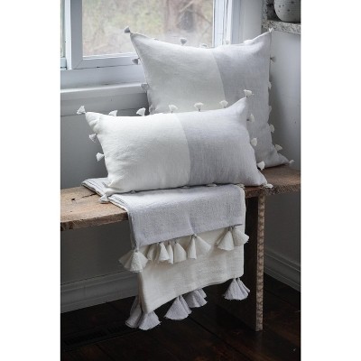 Light Grey and White Cotton Linen Pillow with Tassels