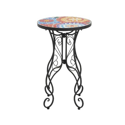 Colorful Ceramic Tile Floral Design Outdoor Accent Table with Black Iron Frame