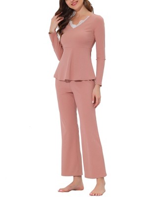 cheibear Women's Sleepwear Lounge Ribbed Knit Peplum Tops with Lace Long Sleeve Pajamas Set