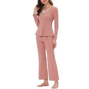 cheibear Women's Sleepwear Lounge Ribbed Knit Peplum Tops with Lace Long Sleeve Pajamas Set - 1 of 4