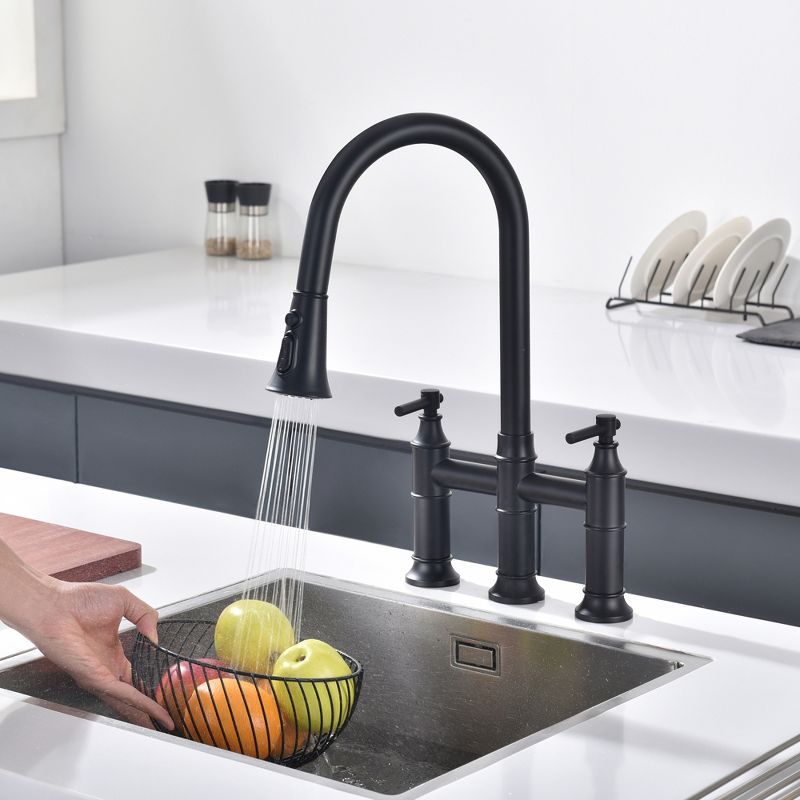 SUMERAIN Bridge Kitchen Faucet with Pull Down Sprayer Matte Black 3 Hole 2 Handle, Stainless Steel, 4 of 11