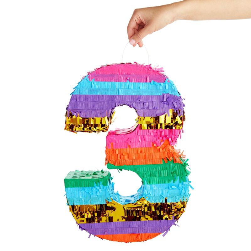 Blue Panda Small Number 3 Rainbow Pinata for Kids 3rd Birthday Party Decorations, 11 x 16.5 x 3 In, 3 of 9