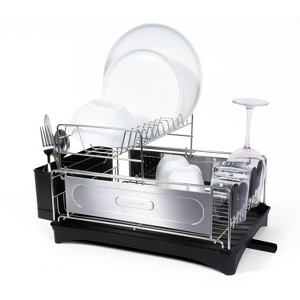 happimess Compact 18.25" 2-Tier Fingerprint-Proof Stainless Steel Dish Drying Rack with Swivel Spout Tray, Stainless Steel/Black - 1 of 4